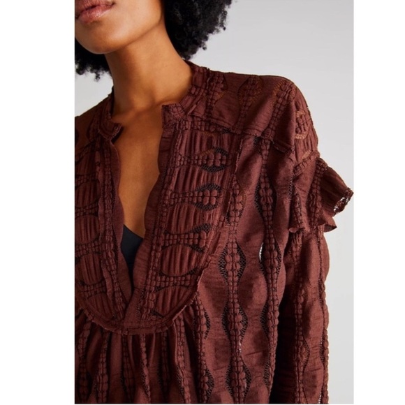 Free People Candy Shop Brown Crochet Women's Oversized Blouse Top - Picture 2 of 7